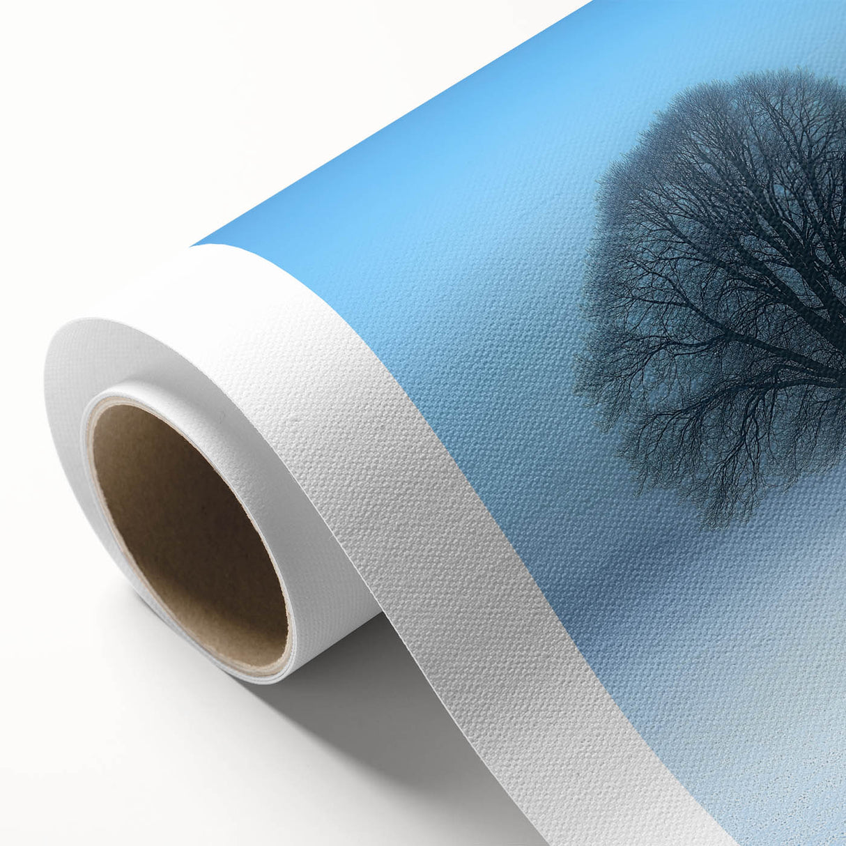 Abstract landscape canvas art showcasing vibrant hues of blue, green, and gold, depicting a serene nature scene, rolled and ready for display in a protective tube.