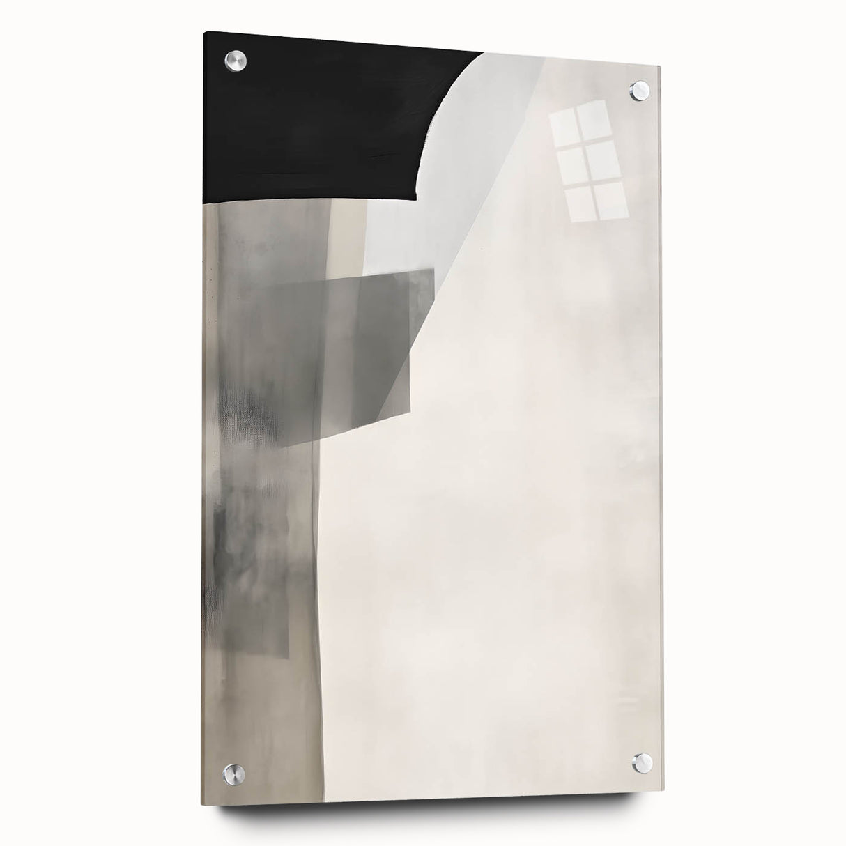 Abstract minimalist wall art featuring soft pastel colors and geometric shapes, displayed on clear acrylic glass, creating a modern and elegant decor piece.