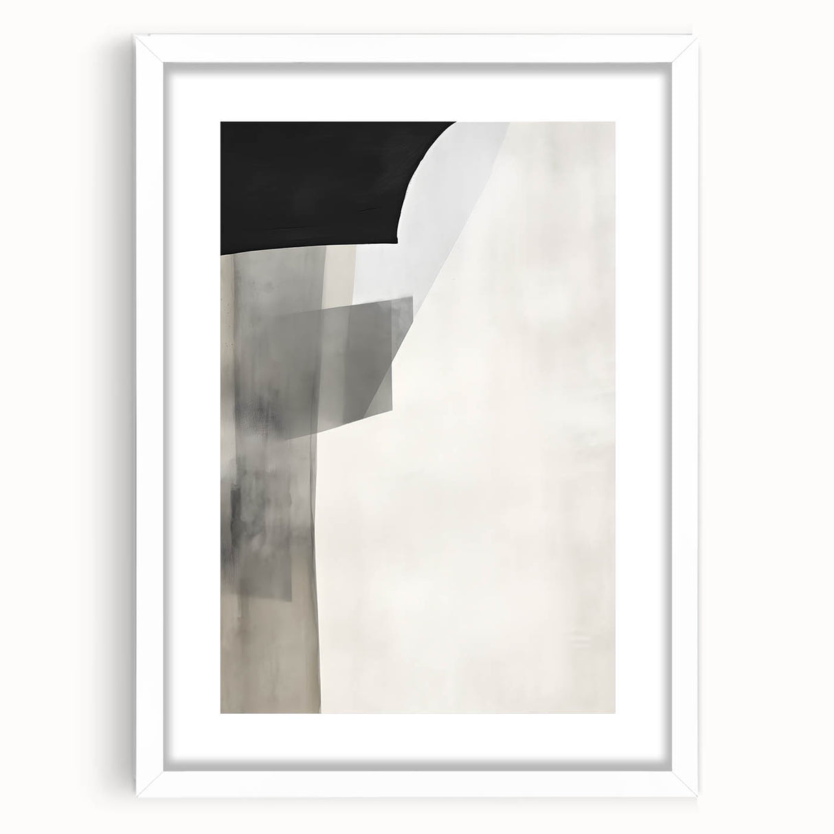 Abstract minimalist wall art design in a white frame with matting, showcasing soft color gradients and geometric shapes, ideal for modern home decor.