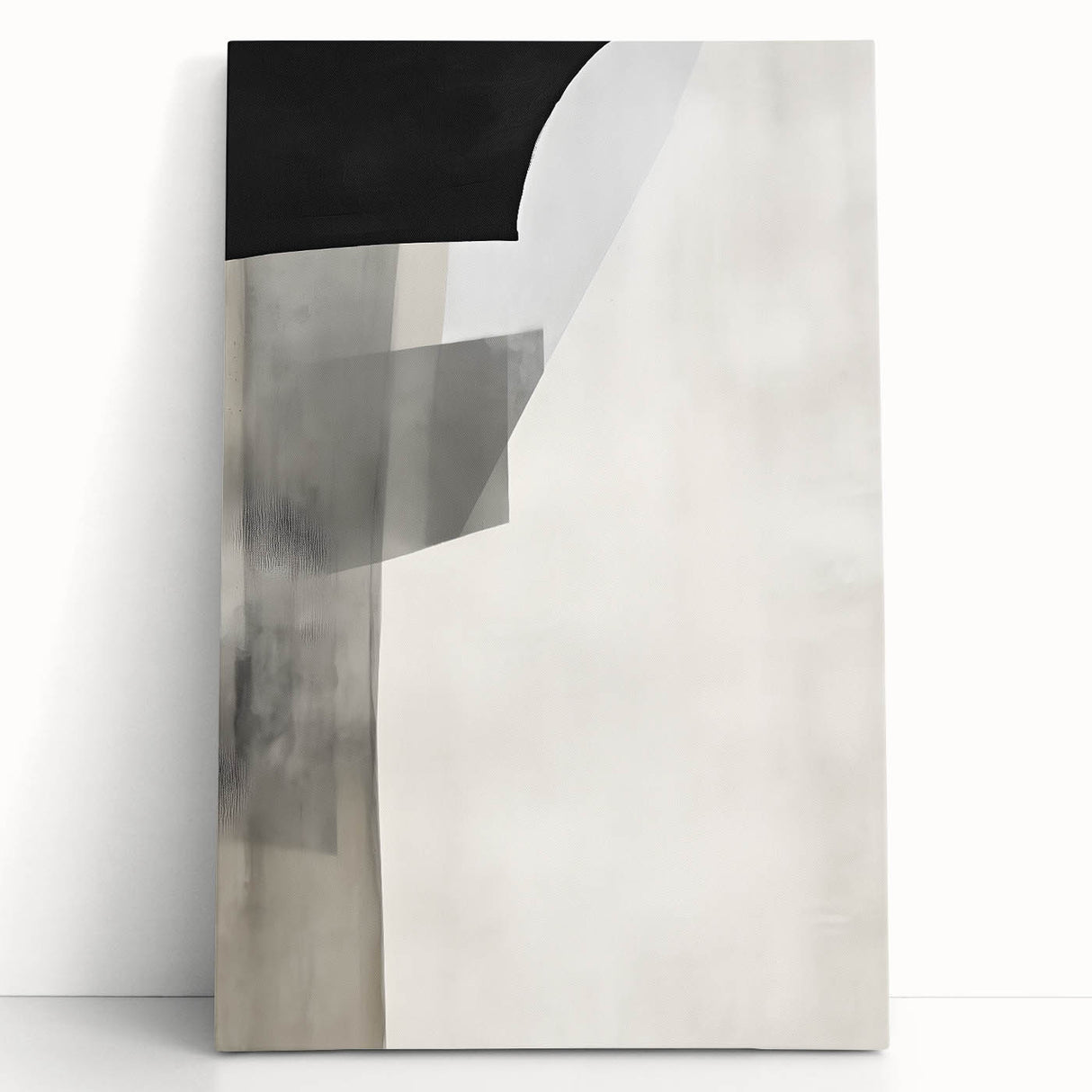 Abstract minimalist wall art featuring soft, muted colors and geometric shapes on a stretched canvas, leaning against a white wall, ideal for modern home decor.