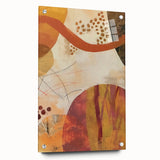 Large abstract wall art featuring swirling orange and brown hues on acrylic glass, suitable for bedroom or dining room decor.