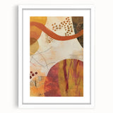 Abstract art print featuring swirling autumnal hues on a white framed canvas, ideal for dining room or bedroom decor.