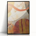 Large abstract wall art featuring swirling autumnal hues in a black frame, ideal for modern living room decor.