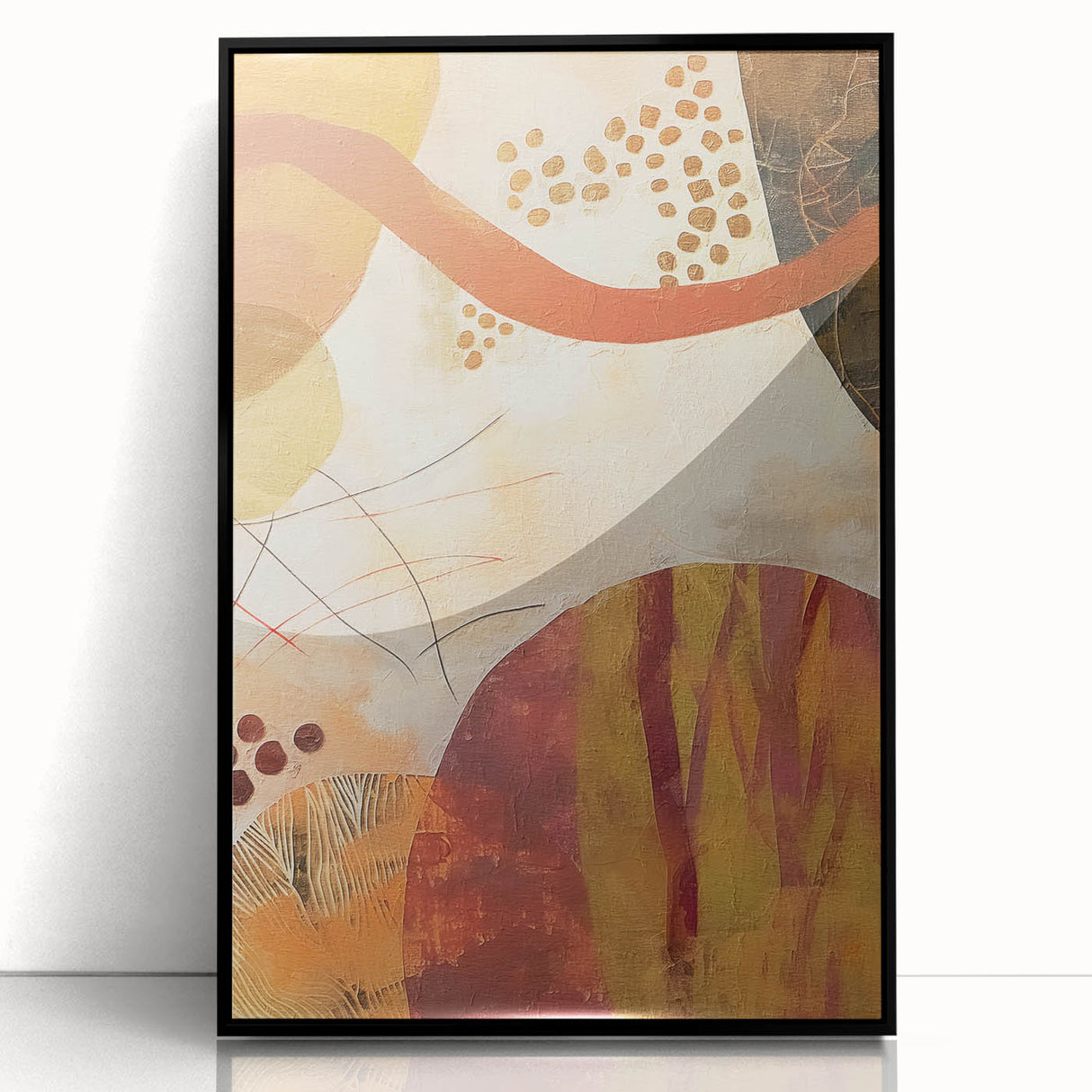 Large abstract wall art featuring swirling autumnal hues in a black frame, ideal for modern living room decor.