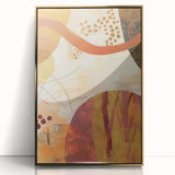 Large art print of an abstract fall landscape in gold and orange tones on a framed acrylic, mid-century modernist style.