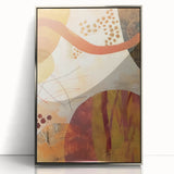 Mid-century modernist art depicting a fall scene in muted orange and brown tones, framed acrylic.
