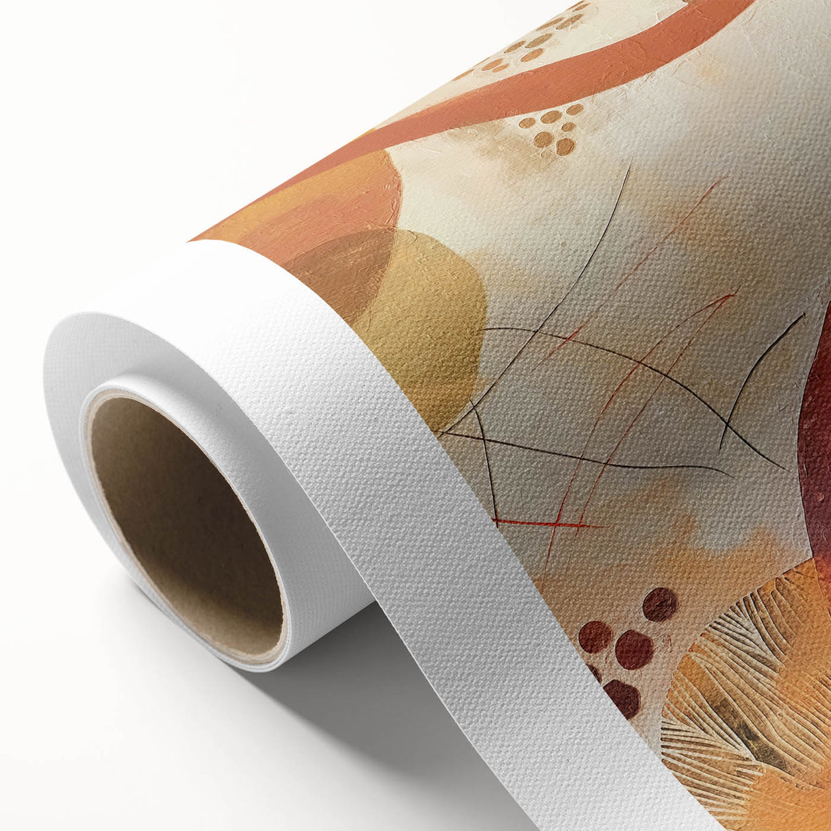 Art deco poster featuring a serene fall landscape with warm orange and brown tones on rolled canvas.