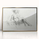 Framed abstract figurative art piece featuring gold accents and a modern design, showcased in a sleek frame, perfect for contemporary home decor.