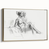 Framed abstract figurative canvas art with a gold border, showcasing dynamic shapes and vibrant colors, ideal for modern home decor and artistic expression.