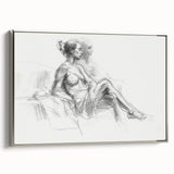 Framed abstract figurative canvas artwork with a silver frame, showcasing elegant shapes and subtle color tones, ideal for modern home decor.