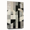 Abstract minimalist wall art displayed in a side view, showcasing a sleek acrylic glass frame with decorative pins, emphasizing modern design elements and colors.