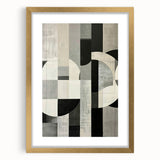 Abstract minimalist wall art print framed in gold, showcasing geometric shapes and soft pastel colors, perfect for modern home decor or office spaces.