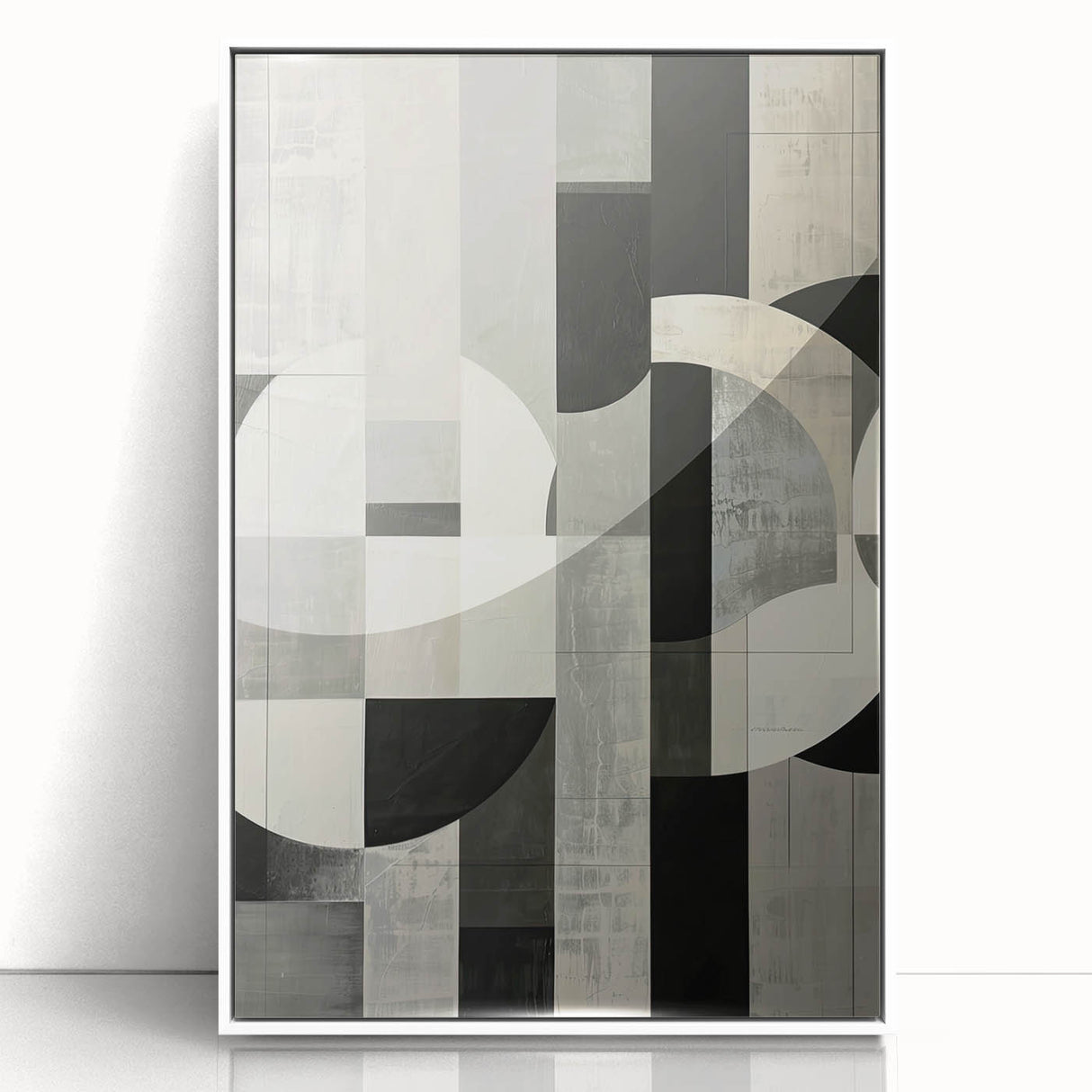Framed abstract minimalist wall art in white acrylic, showcasing a sleek design suitable for modern decor, displayed from a front view against a neutral background.