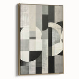 Abstract minimalist wall art framed in a sleek black frame, showcasing a dynamic gold design with geometric patterns, ideal for modern decor.