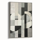 Framed abstract minimalist wall art featuring a silver border, showcasing soft geometric shapes in muted tones, designed to enhance modern interior decor.