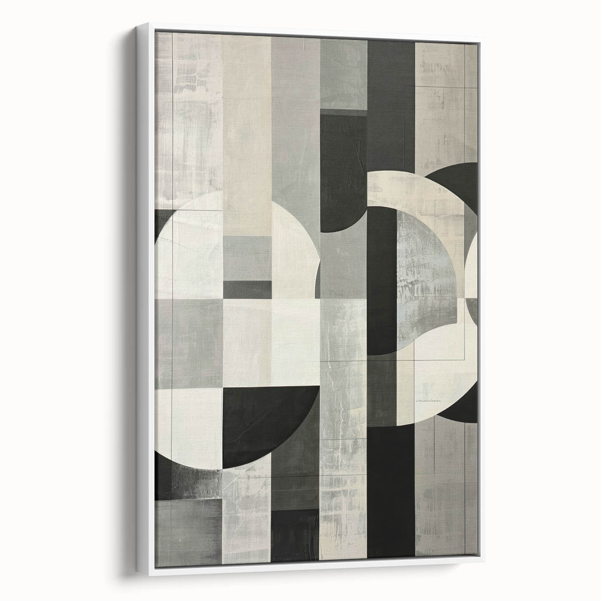 Abstract minimalist wall art featuring a framed white canvas with soft geometric patterns, showcasing a contemporary design ideal for modern home decor.