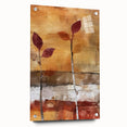 Large abstract wall art depicting a fall scene on acrylic glass, in warm orange and red hues, ideal for dining room decor.