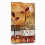 Large abstract wall art depicting a fall scene on acrylic glass, in warm orange and red hues, ideal for dining room decor.