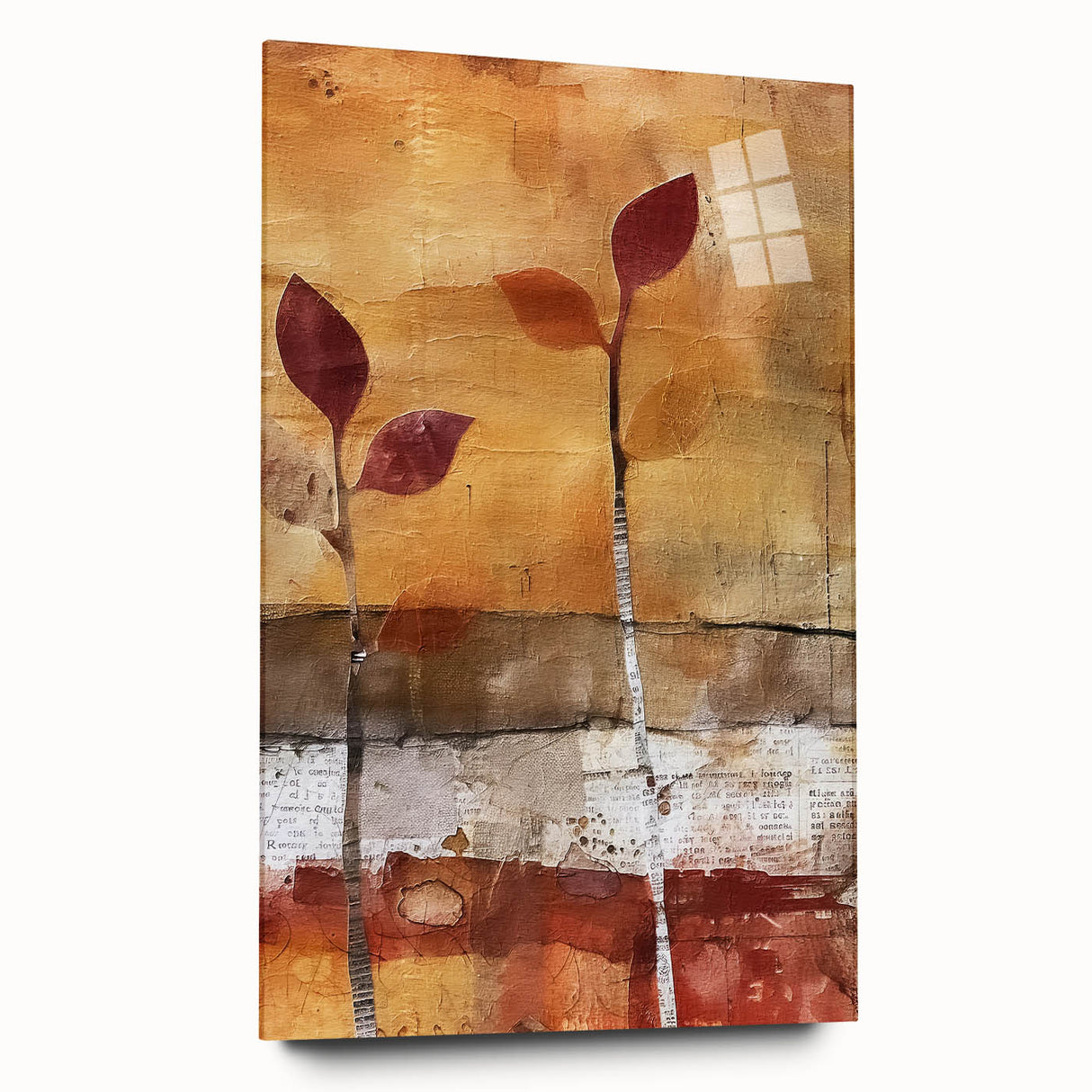 Large abstract wall art in vibrant orange and red tones on acrylic glass, ideal for dining room ambiance.