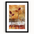 Abstract art print with textured autumn hues on a large canvas, framed in black, suitable for living room decor.