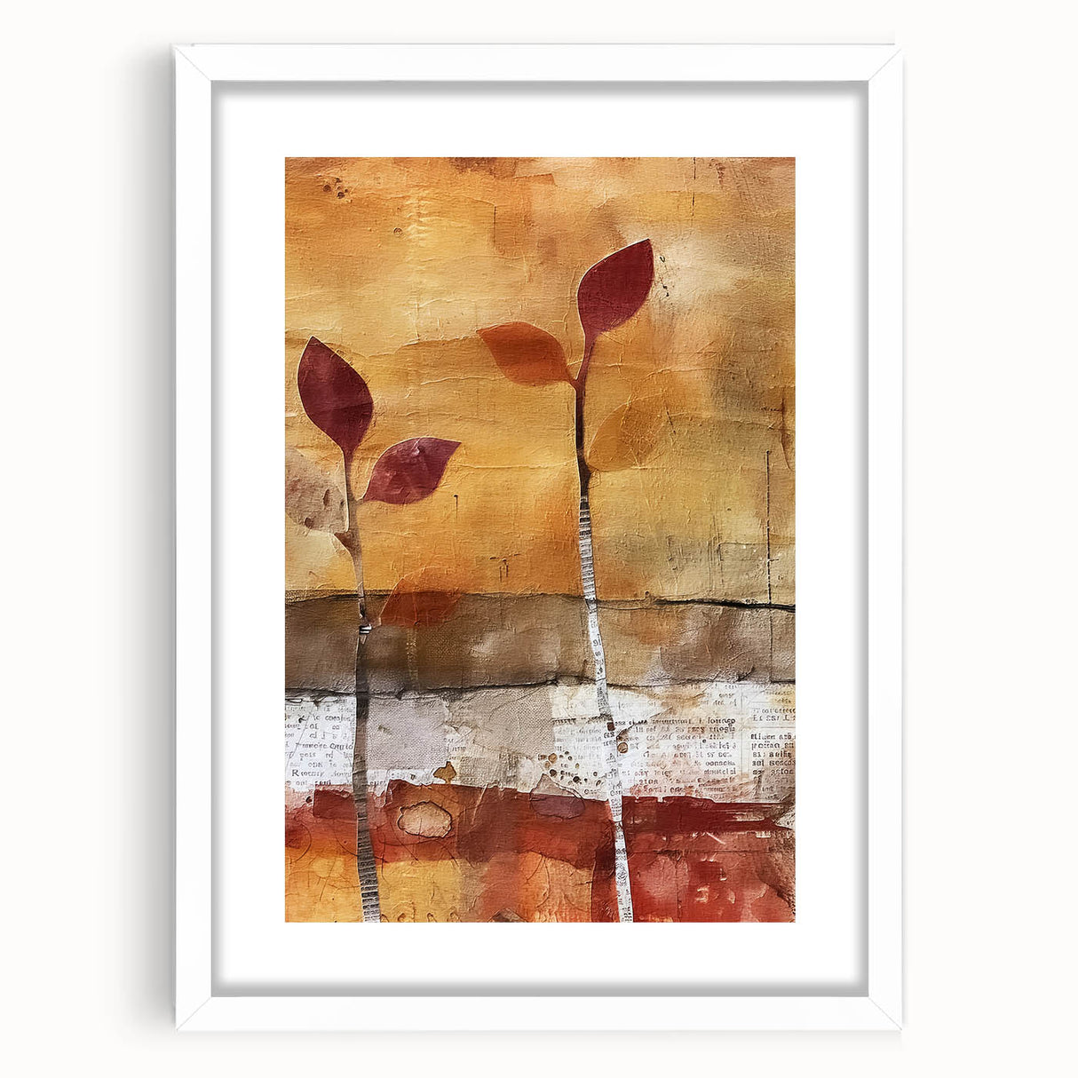 Abstract art print depicting fall colors in red and orange on a white framed canvas, suitable for dining room decor.
