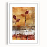 Abstract art print depicting fall colors in red and orange on a white framed canvas, suitable for dining room decor.