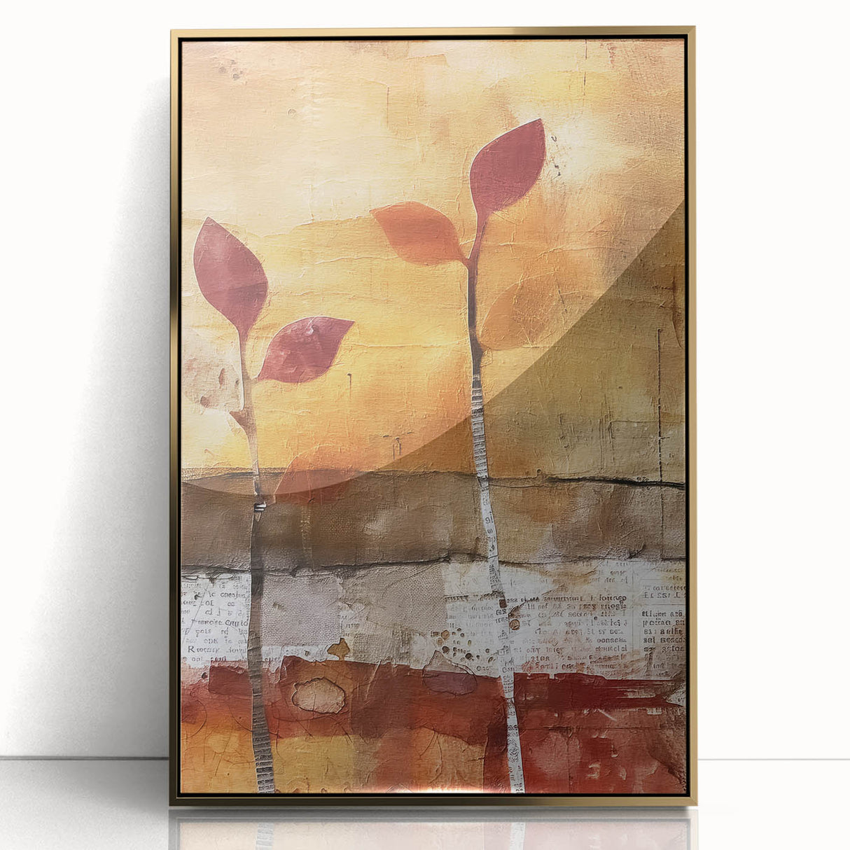 Large art print of a mid-century modernist fall scene in gold and orange tones, framed acrylic.