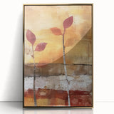 Large art print of a mid-century modernist fall scene in gold and orange tones, framed acrylic.