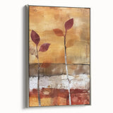 Landscape art painting of autumn trees on framed canvas, with warm orange and yellow tones, suitable for living room decor.