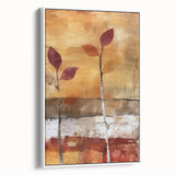 Vintage poster art of fall trees in vibrant orange and red on a large framed canvas, ideal for living room decor.