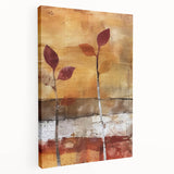 Side view of a large stretched canvas depicting an abstract fall scene in warm orange and brown tones.