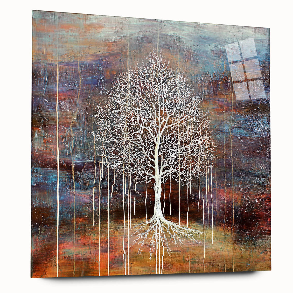 Abstract floral acrylic glass artwork showcasing vibrant colors and intricate patterns, displayed in a side view without pins, perfect for modern decor.