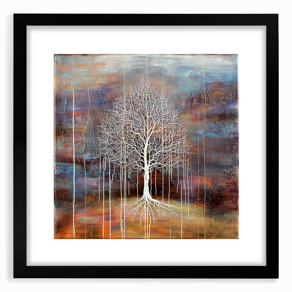 Abstract floral artwork framed with a sleek black mat, showcasing vibrant colors and intricate designs, perfect for modern home decor or gallery displays.