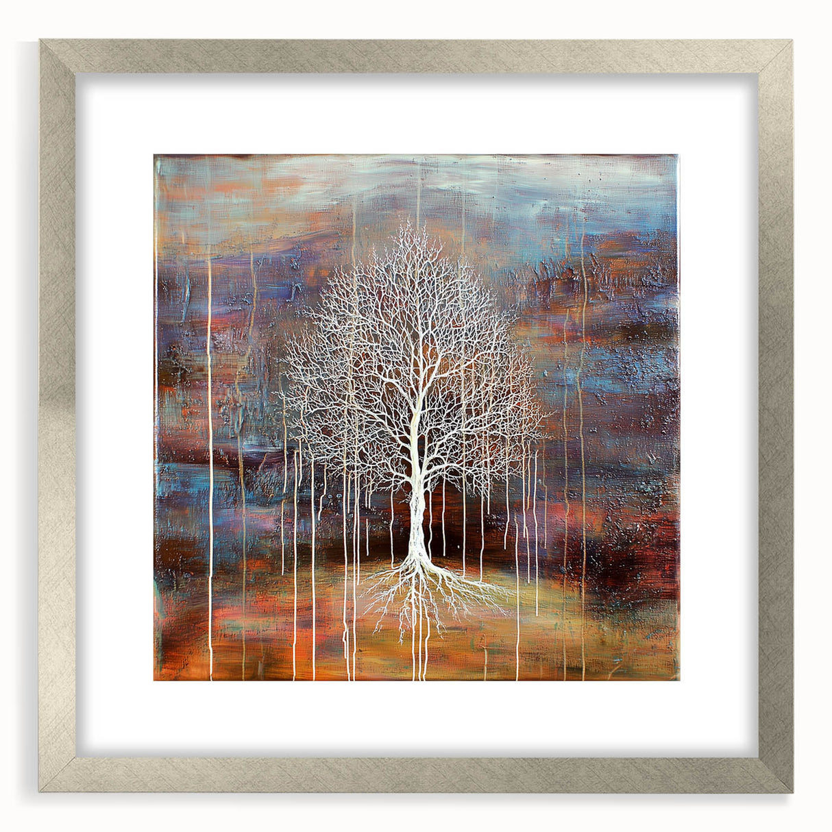 Abstract floral frame with a silver mat showcasing vibrant, colorful blooms against a soft background, perfect for enhancing modern home decor or art displays.