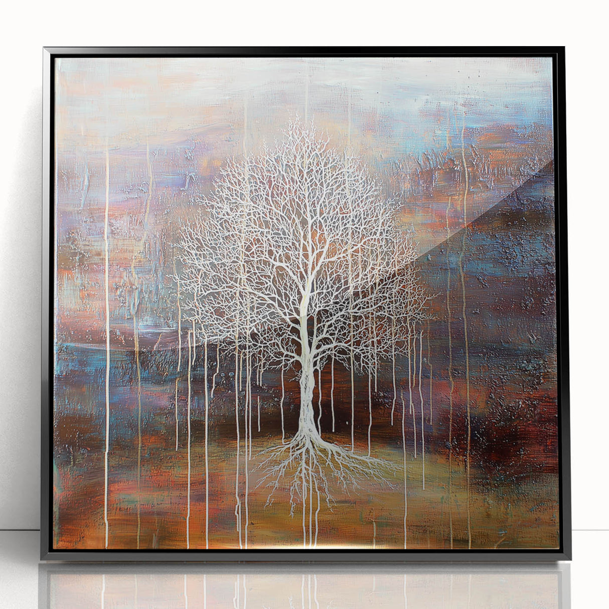 Framed acrylic artwork displaying vibrant abstract floral designs in shades of blue and pink, set against a sleek black frame, ideal for modern home decor.