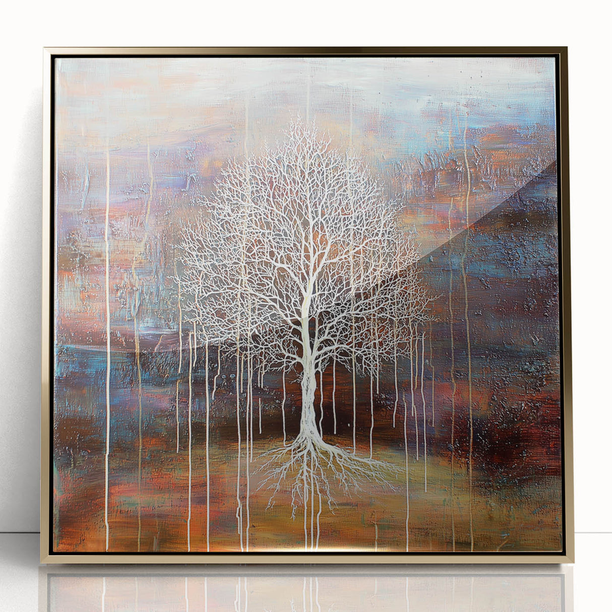 Framed abstract floral artwork in vibrant colors, featuring intricate gold accents, displayed in a modern setting, perfect for home decor enhancement.