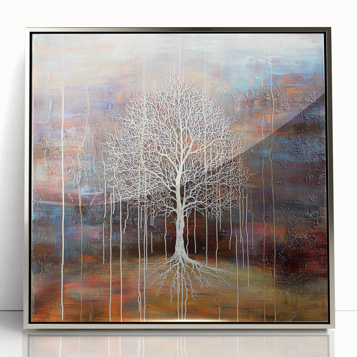 Framed abstract floral artwork in silver acrylic, showcasing vibrant colors and intricate patterns, perfect for modern home decor and adding elegance to any space.