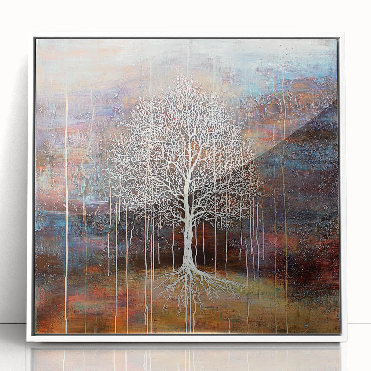 Framed acrylic artwork showcasing vibrant abstract floral designs in a white frame, ideal for modern home decor. Perfect for adding color and elegance to any room.