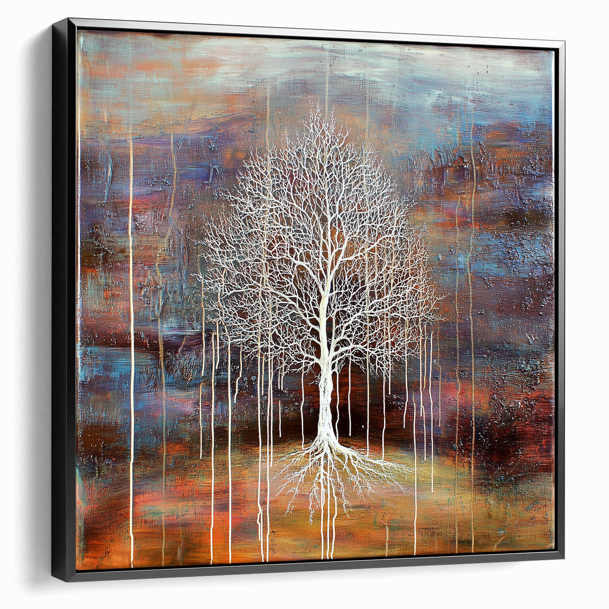 Framed abstract floral canvas art with vibrant colors and intricate designs, showcased from a black side view, perfect for modern home decor.