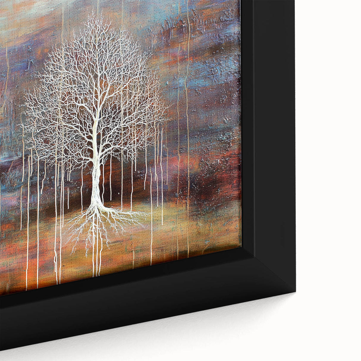 Close-up of an abstract floral framed canvas featuring vibrant colors and intricate designs, ideal for home decor, showcasing elegance and artistic flair.