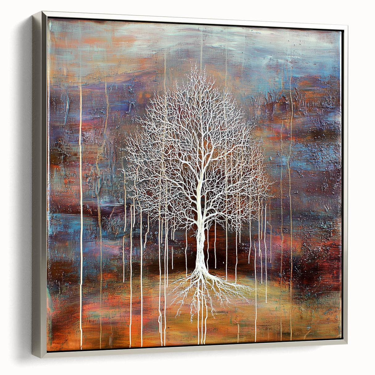 Framed canvas artwork showcasing abstract floral design in vibrant colors, set in a sleek silver frame, perfect for enhancing modern interior decor.