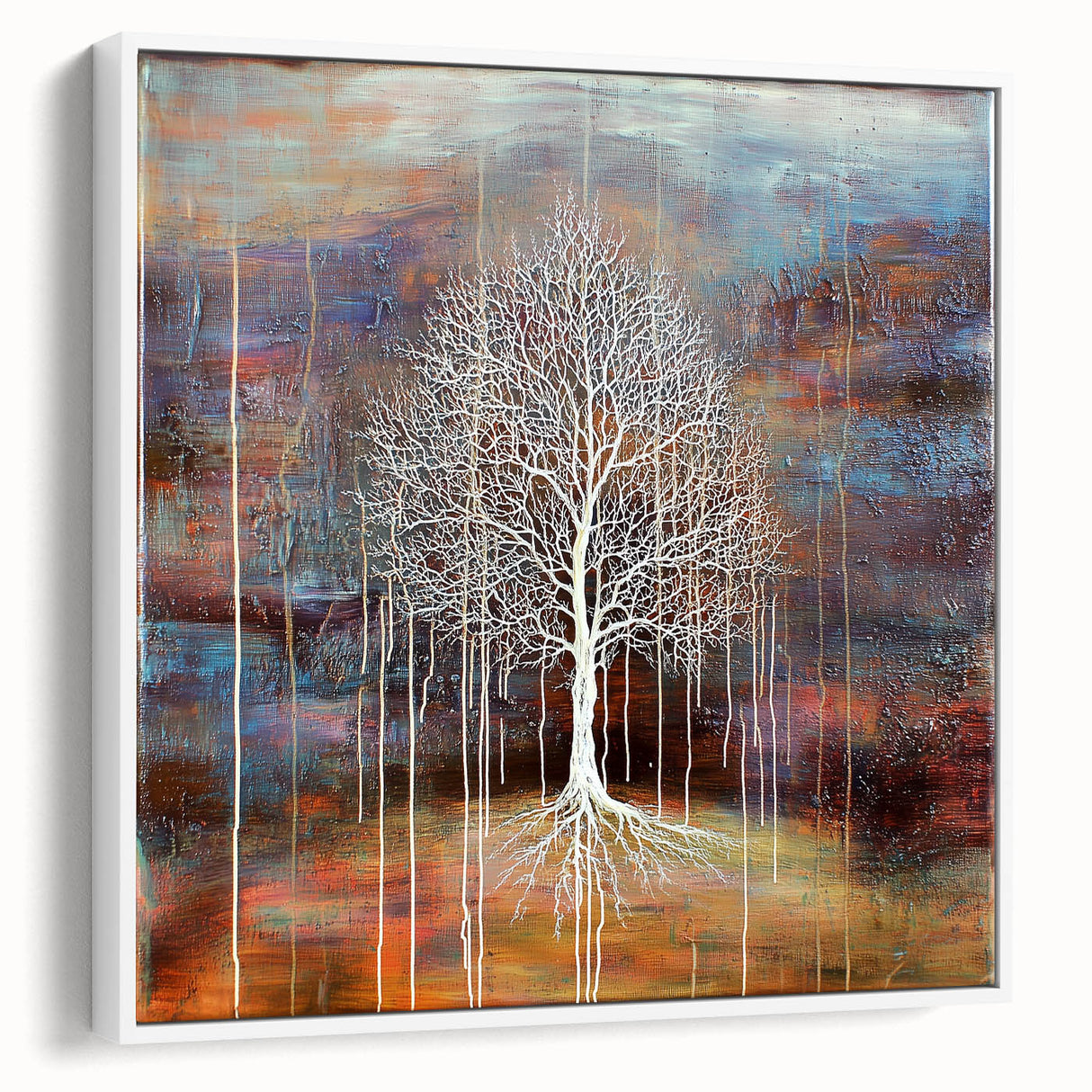 Abstract floral framed canvas art showcasing vibrant colors and intricate designs, ideal for modern home decor. The piece is displayed from a side view, highlighting its depth and texture against a white background, perfect for enhancing any living space.