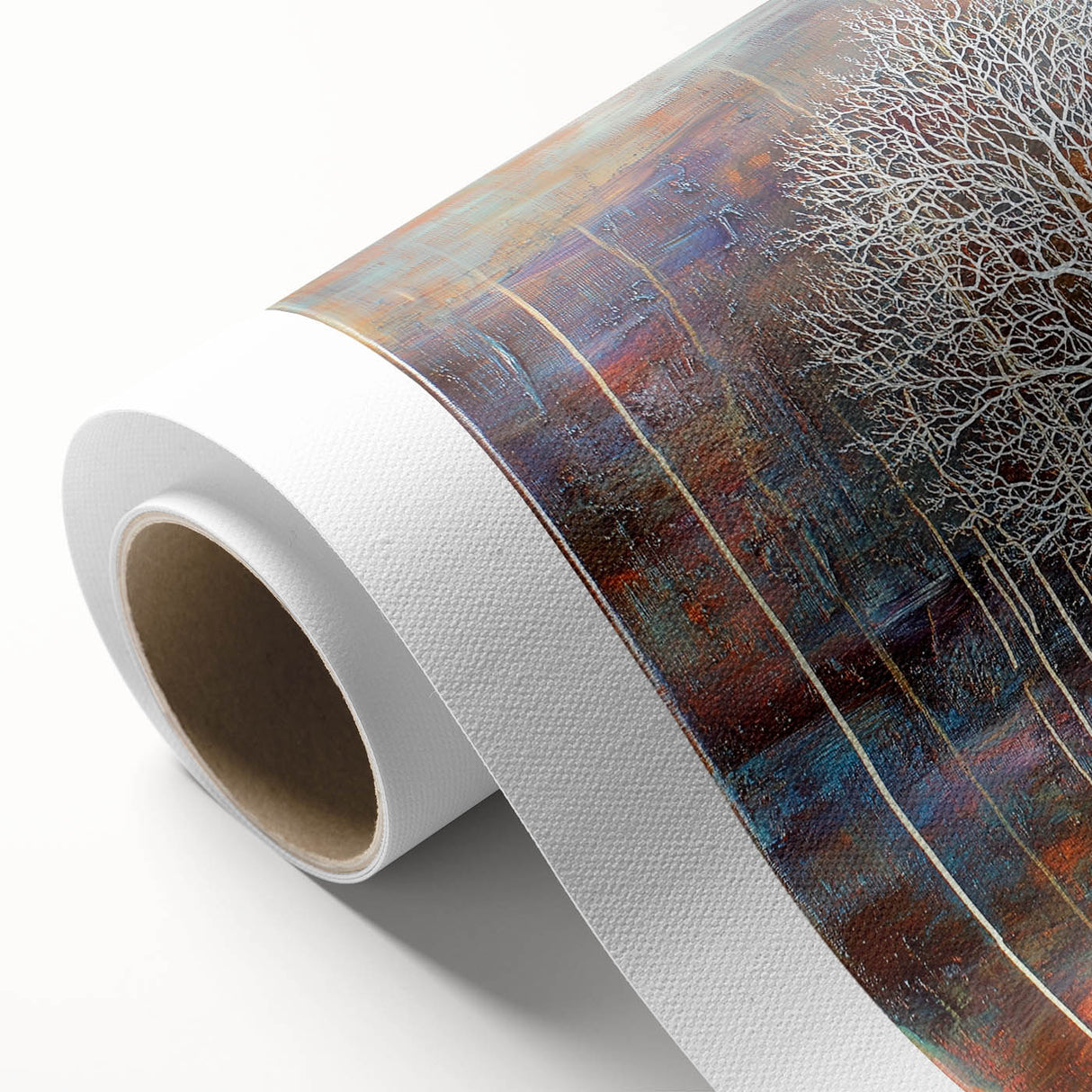 Abstract floral rolled canvas artwork featuring vibrant colors and intricate patterns, ideal for modern home decor. Packaged securely in a durable cardboard tube for safe shipping.