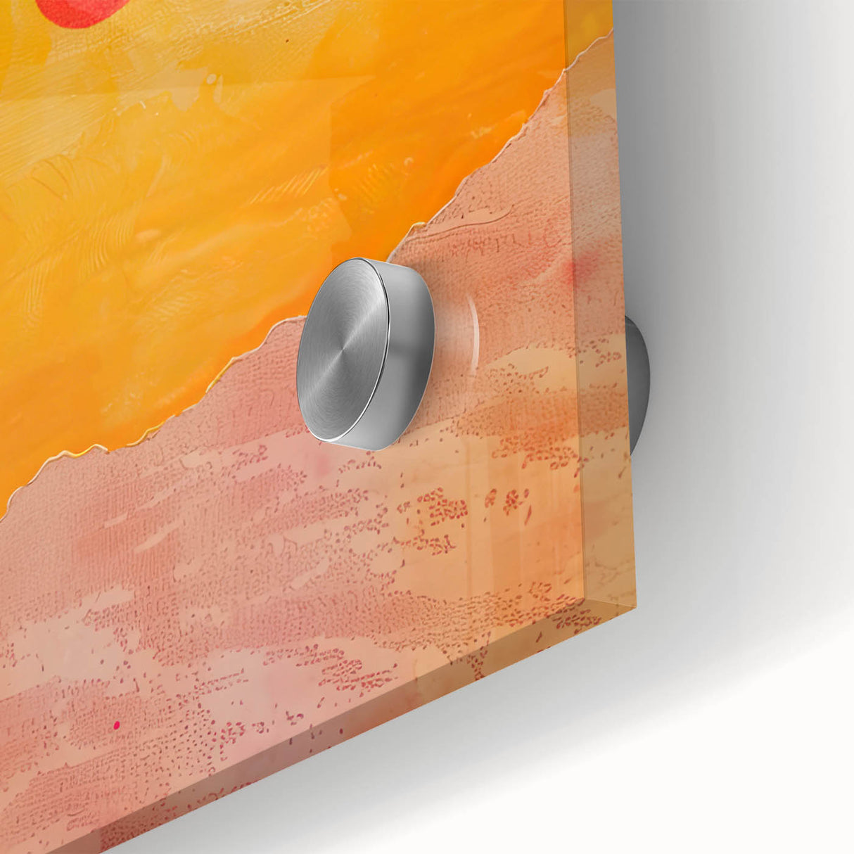 Close-up of abstract minimalist wall art design featuring soft pastel colors and fluid shapes, ideal for modern home decor, displayed on acrylic glass.