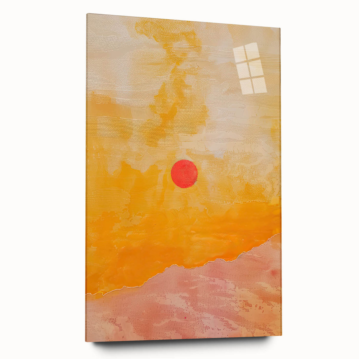 Abstract minimalist wall art design displayed in a sleek acrylic frame, showcasing soft colors and geometric patterns, perfect for modern home decor.
