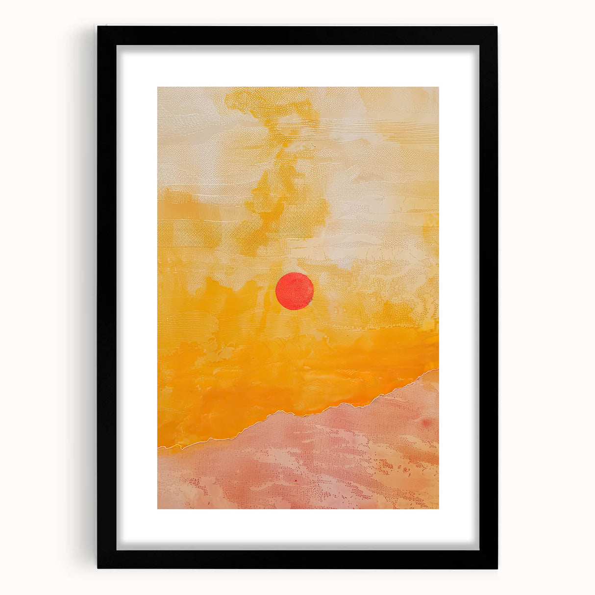 Abstract minimalist wall art framed in black with a white mat, showcasing geometric shapes and subtle colors, ideal for modern home decor.