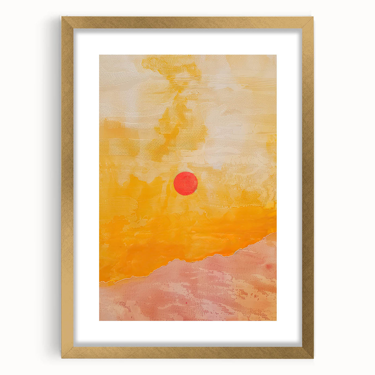 Abstract minimalist wall art framed in gold, showcasing a geometric design with soft neutral tones, perfect for modern home decor and artistic ambiance.