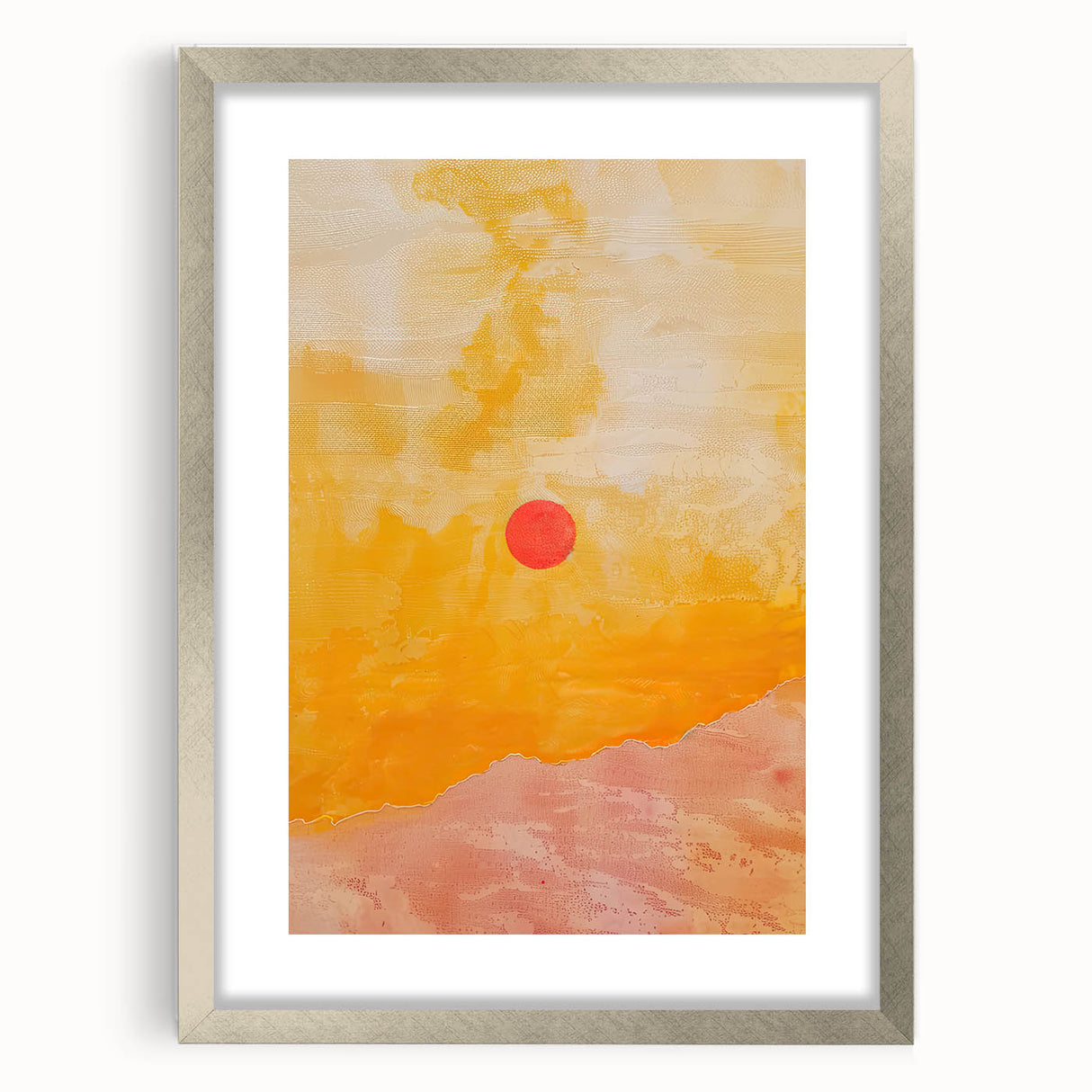 Elegant abstract minimalist wall art framed in silver, showcasing soft neutral tones and geometric shapes, perfect for modern home decor and aesthetic enhancement.