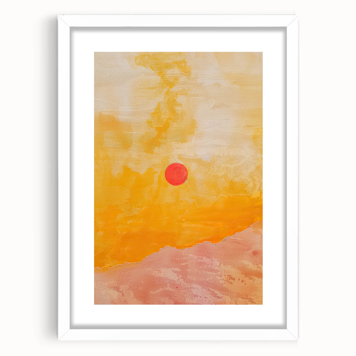 Abstract minimalist wall art framed in white, featuring soft geometric shapes in shades of beige and gray, ideal for modern home decor.