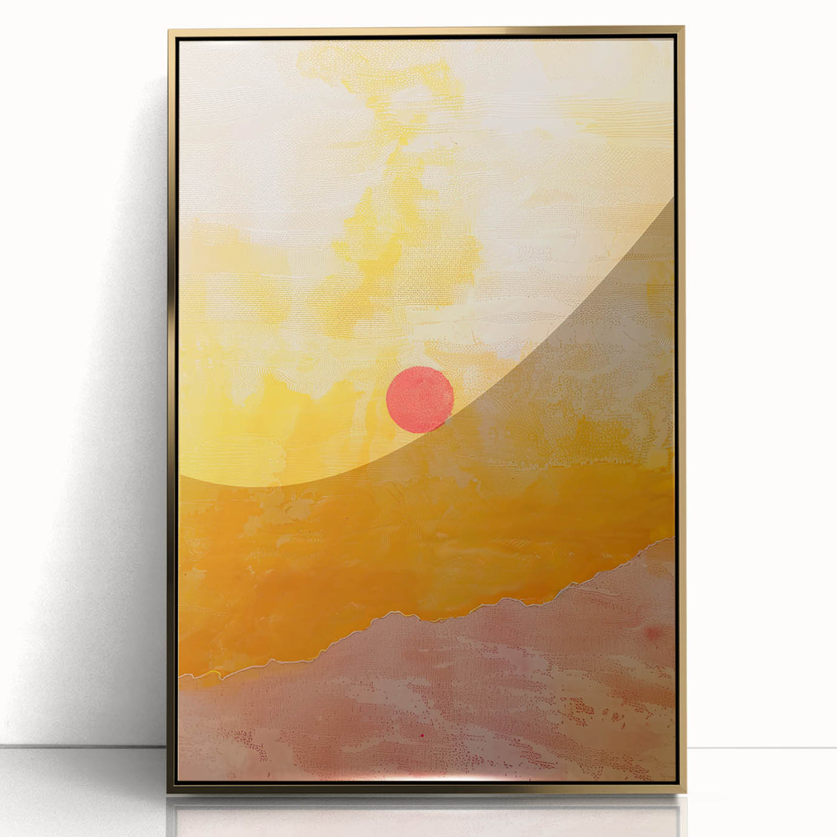Abstract minimalist wall art framed in acrylic with a gold border, showcasing a modern design that enhances contemporary interior decor. Ideal for stylish living spaces.